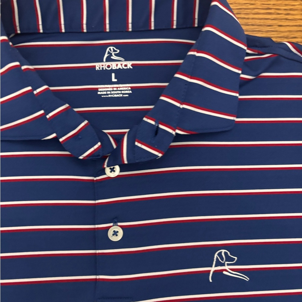 Rhoback Men's Navy Polo with Red and White Stripes Large